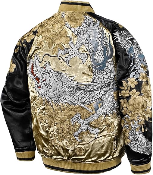 絡繰魂 リバーシブル サテン スカジャン 刺繍 花 龍 和柄 絡繰魂 リバーシブル サテン スカジャン 刺繍 花 龍 和柄